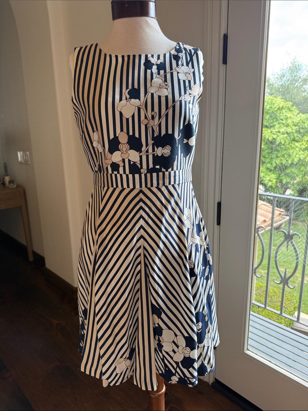 Diane Von Furstenberg Navy/cream/White Striped Floral Fit-and-Flare Dress